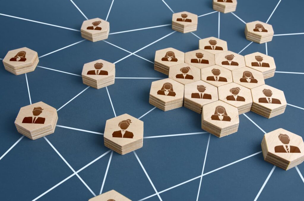 professional network picture with wooden hexagons of faces and network lines