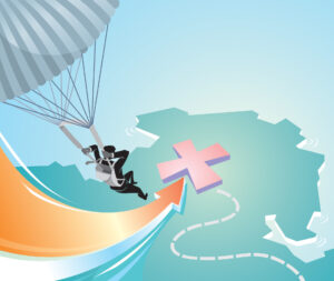 person parachuting to a specified landmark representing landing correctly in a career pivot