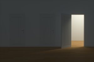 person walking through door